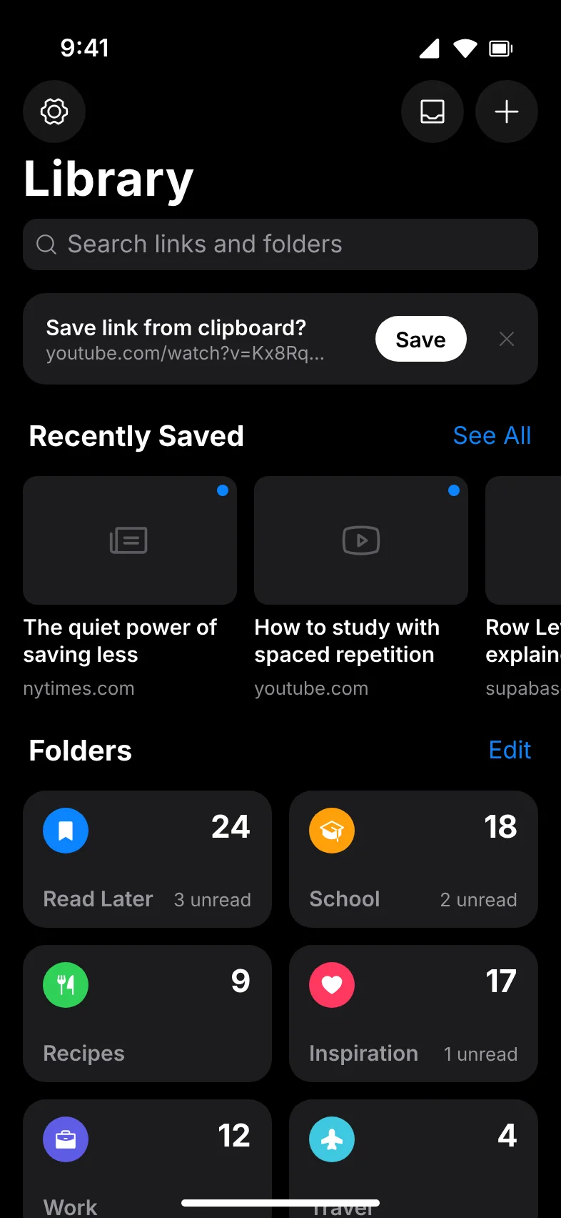 LinkPocket Pocket Library screen running on iOS